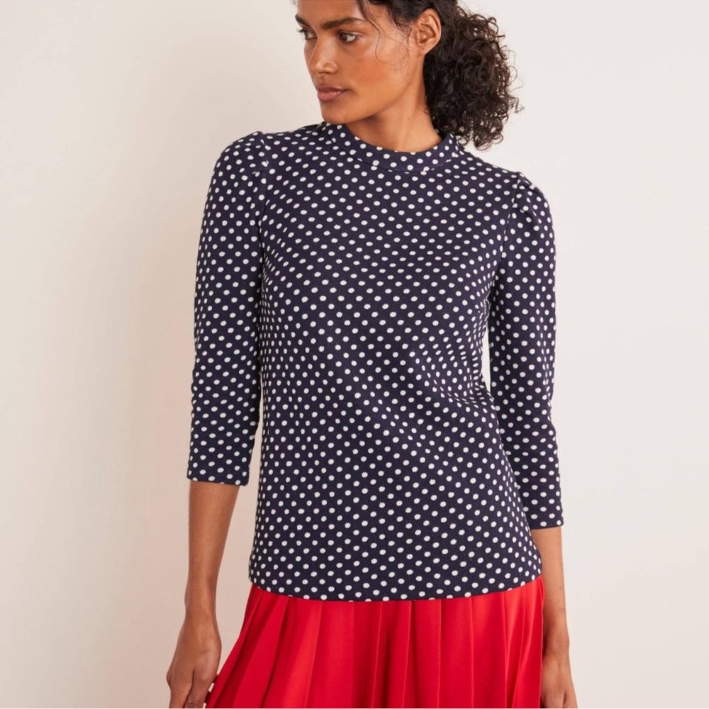 Boden Aria Jersey Jacquard Top Navy Ivory Spot Size 8 - Picture 2 of 14